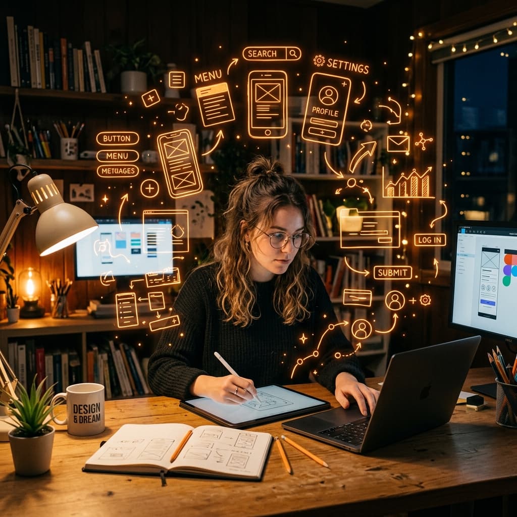Creative designer flat lay desk