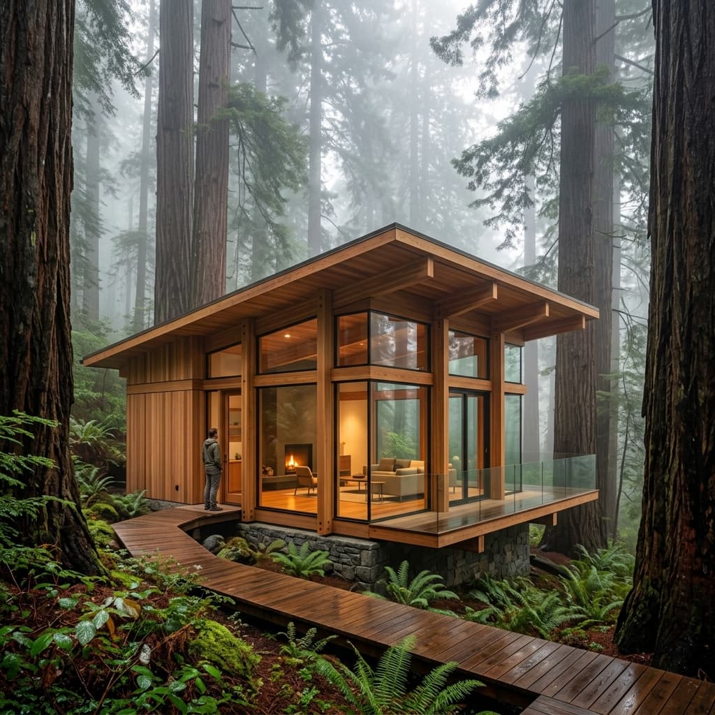 Modern glass pavilion in redwood forest